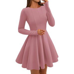 Women  Pink High Waist Pleated Flowy A Line Long Sleeve Casual Fall Dress